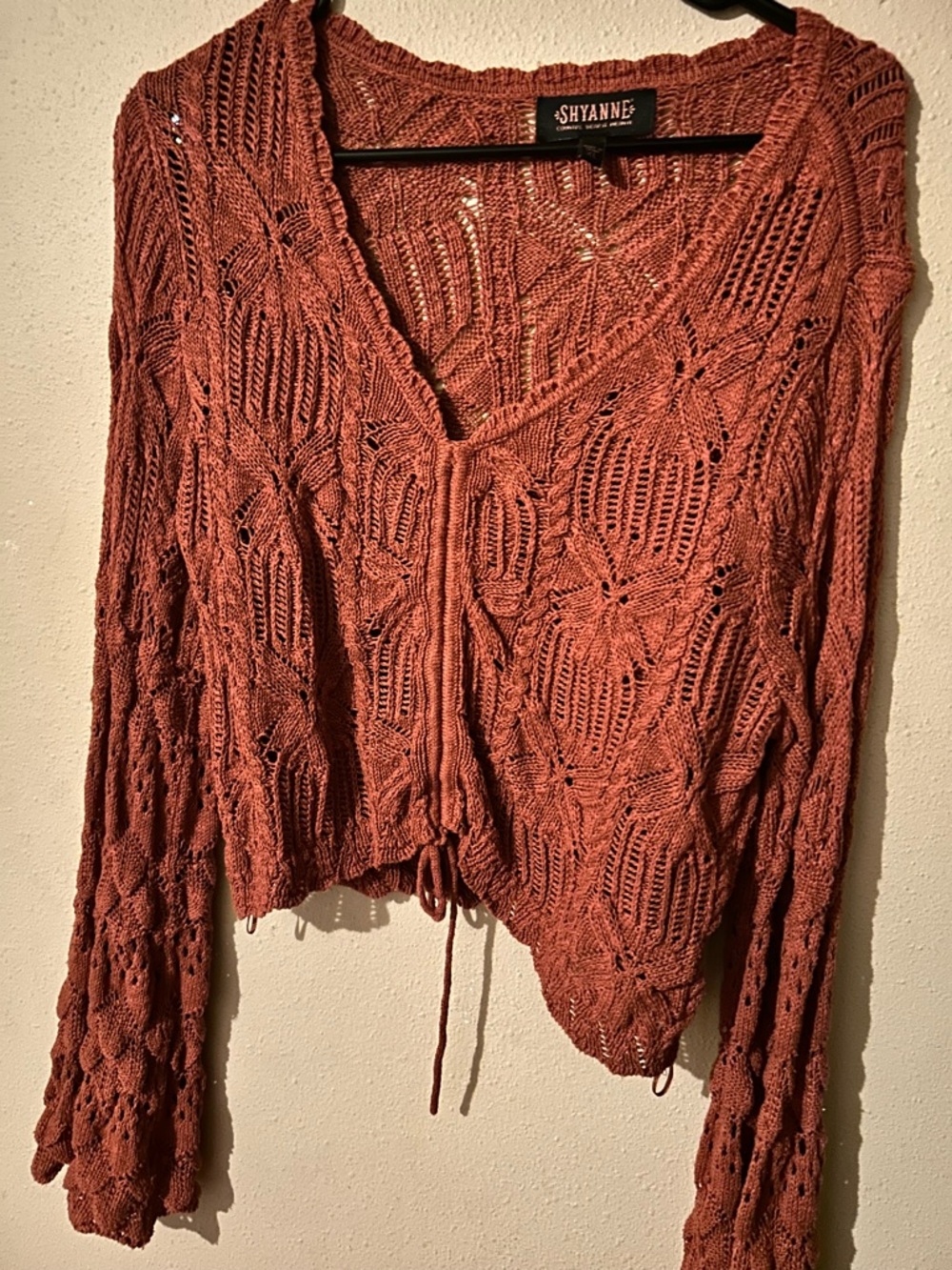 Shyanne Rust Openwork V-Neck Tie-Front Sweater